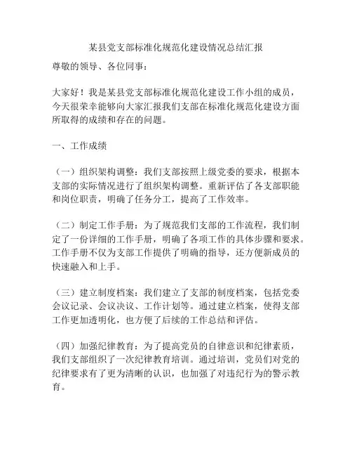 某县党支部标准化规范化建设情况总结汇报