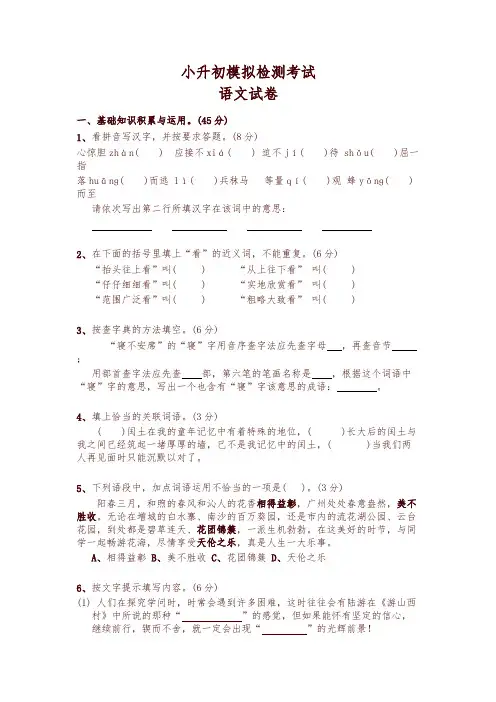 2019-2020学年小升初语文模拟试卷及答案-精选