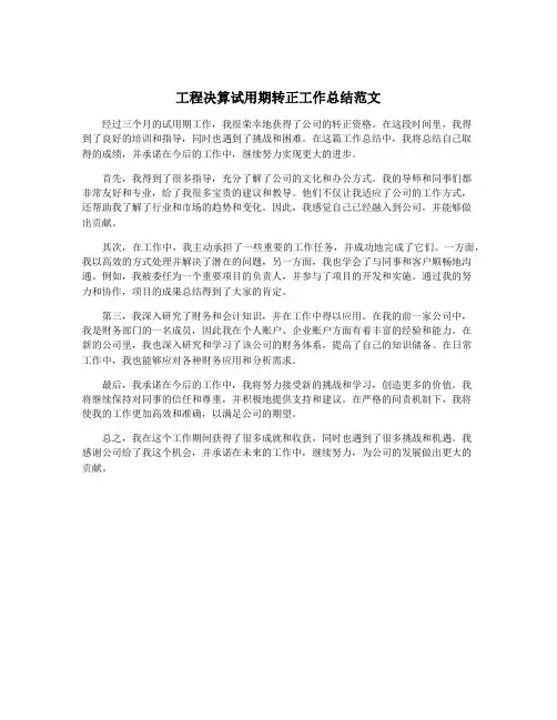 工程决算试用期转正工作总结范文