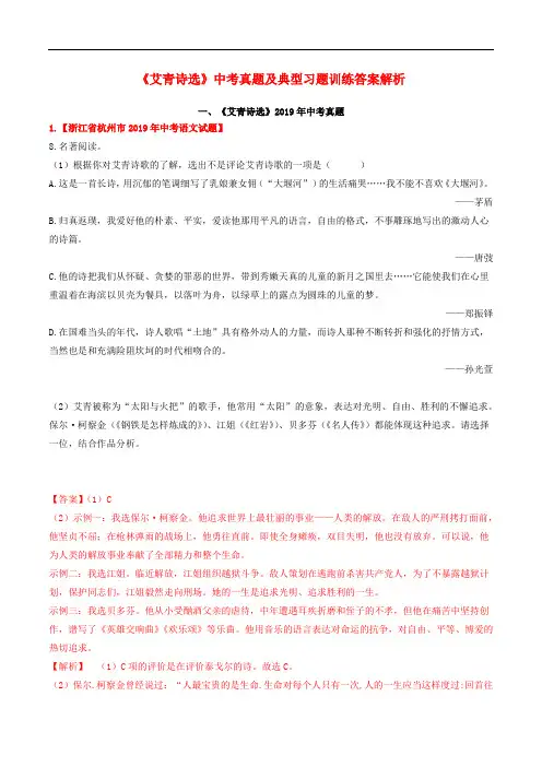 中考语文常考名著专题18 《艾青诗选》中考真题及典型习题训练
