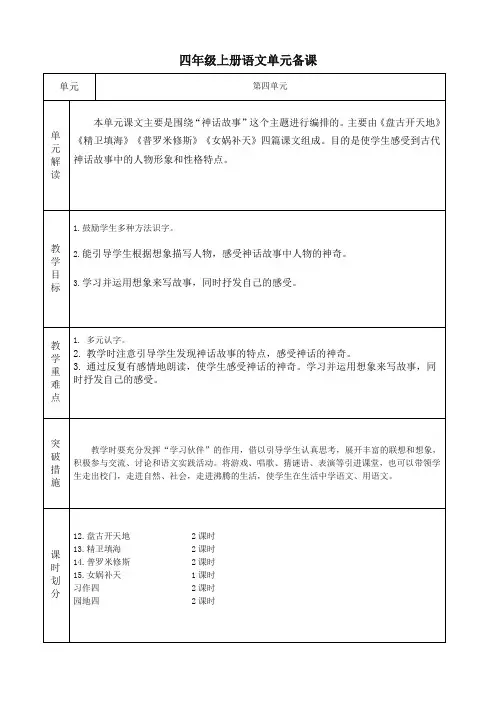 (部编)人教版四年级上册语文第四单元备课(包括园地)