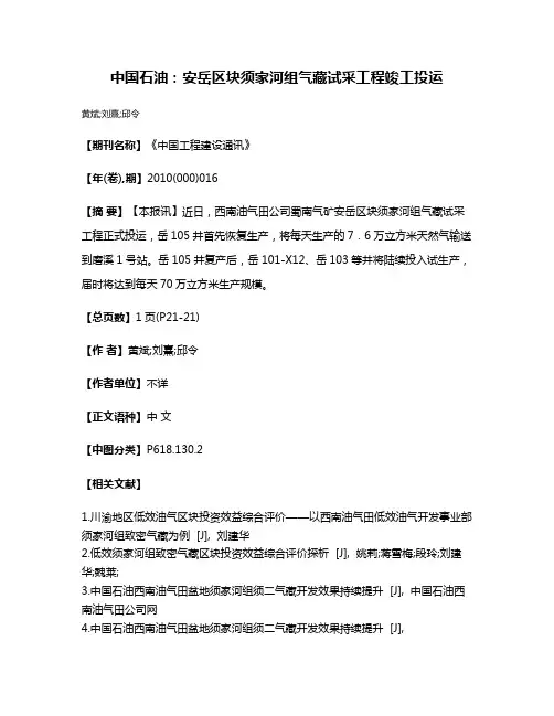 中国石油：安岳区块须家河组气藏试采工程竣工投运