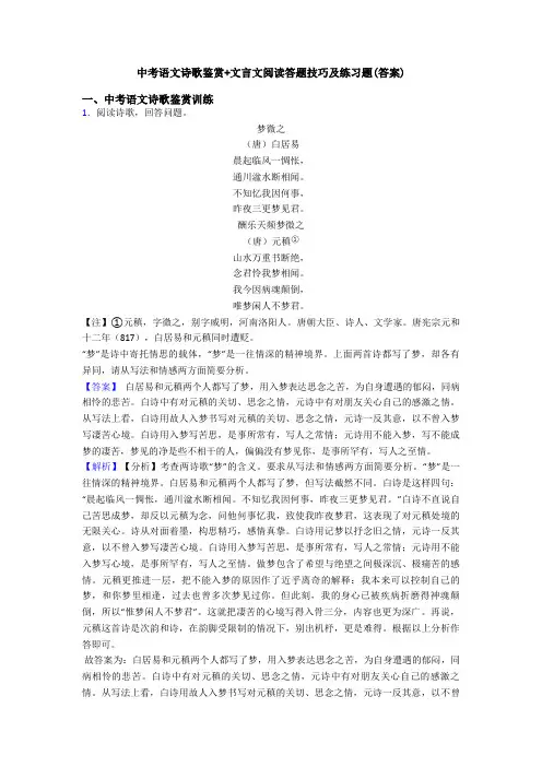 中考语文诗歌鉴赏+文言文阅读答题技巧及练习题(答案)