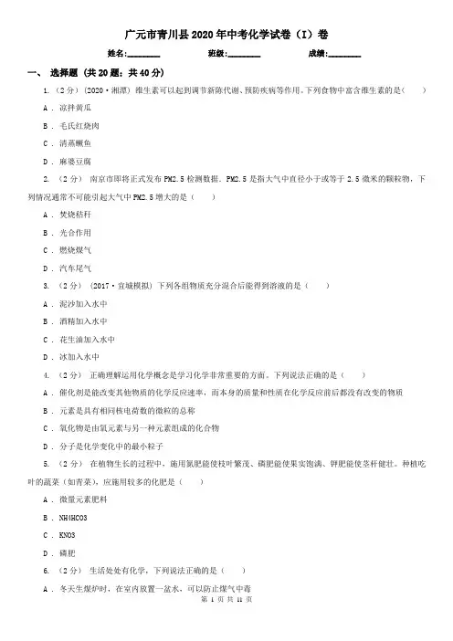 广元市青川县2020年中考化学试卷(I)卷