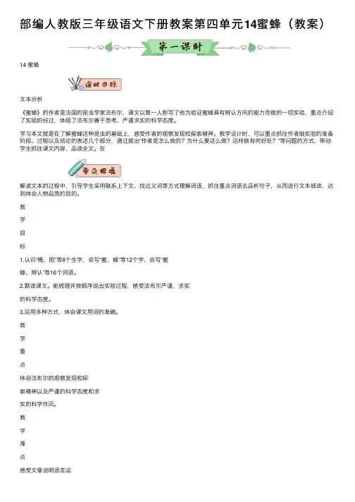 部编人教版三年级语文下册教案第四单元14蜜蜂（教案）