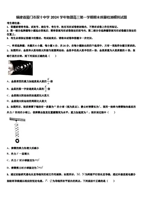 福建省厦门市双十中学2024学年物理高三第一学期期末质量检测模拟试题含解析