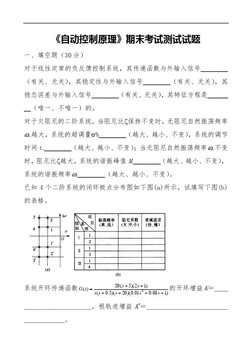 《自动控制原理》期末考试测试试题