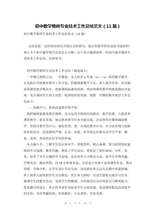 初中数学教师专业技术工作总结范文(11篇)