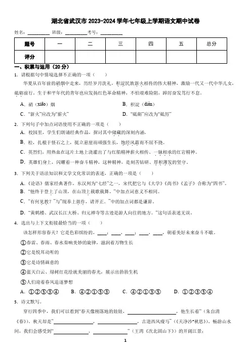 湖北省武汉市2023-2024学年七年级上学期语文期中考试试卷1(含答案)