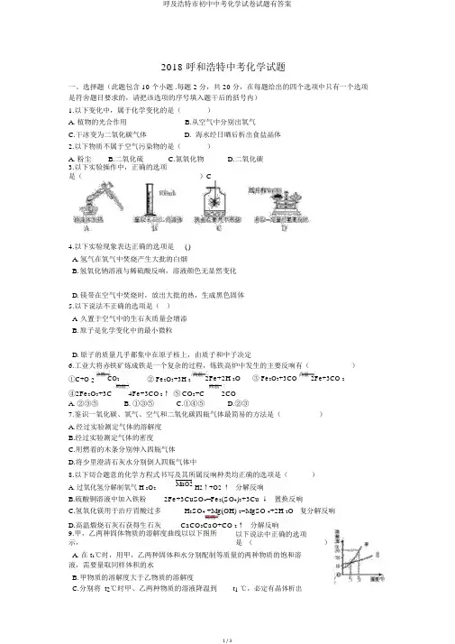 呼及浩特市初中中考化学试卷试题有答案