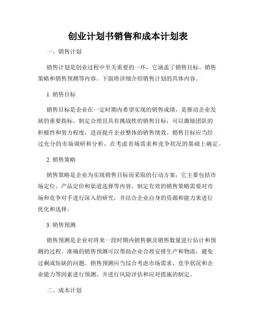 创业计划书销售和成本计划表