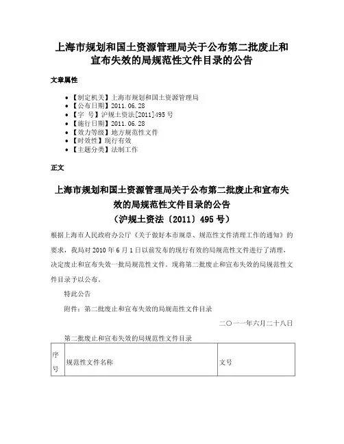 上海市规划和国土资源管理局关于公布第二批废止和宣布失效的局规范性文件目录的公告