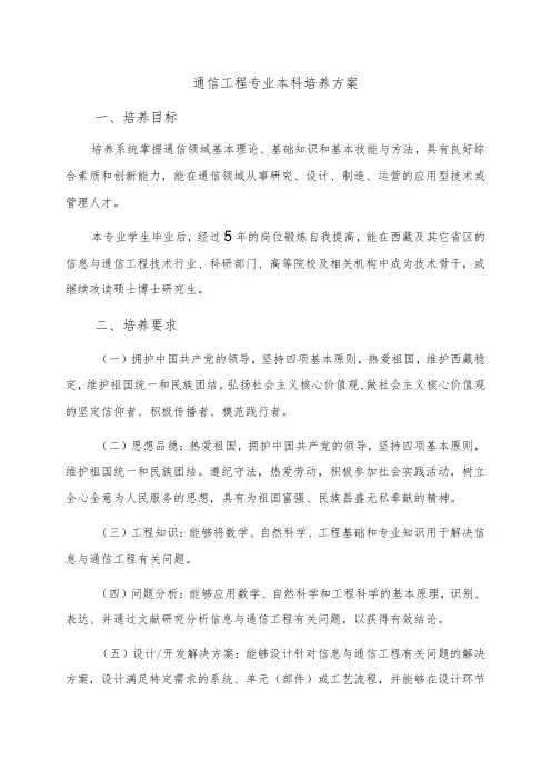 通信工程专业本科培养方案培养目标