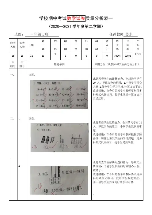 一年级数学期中考试质量分析