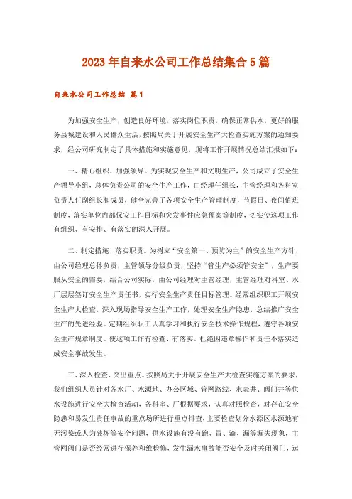 2023年自来水公司工作总结集合5篇