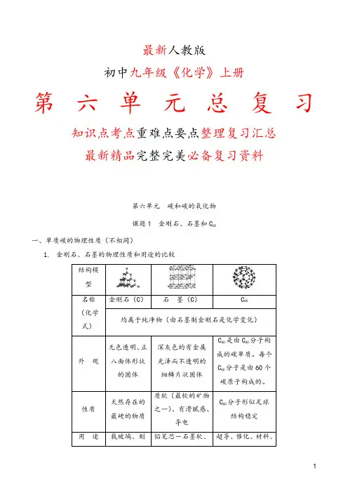 最新人教版初中九年级《化学》上册第六6单元全单元总复习知识点考点重难要点整理复习完整完美精品打印版