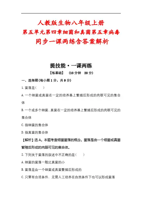 人教版生物八年级上册第五单元第四章细菌和真菌第五章病毒同步一课两练含答案解析