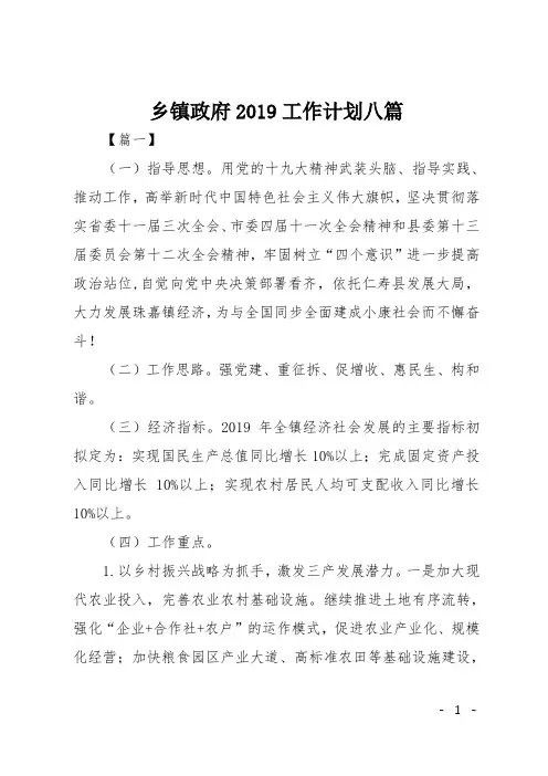 乡镇政府2019工作计划八篇