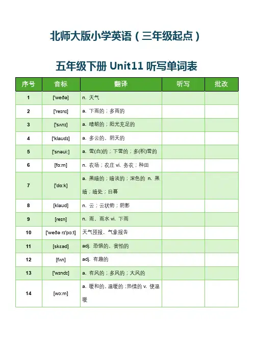 北师大版小学英语(三年级起点)五年级下册Unit11听写单词表