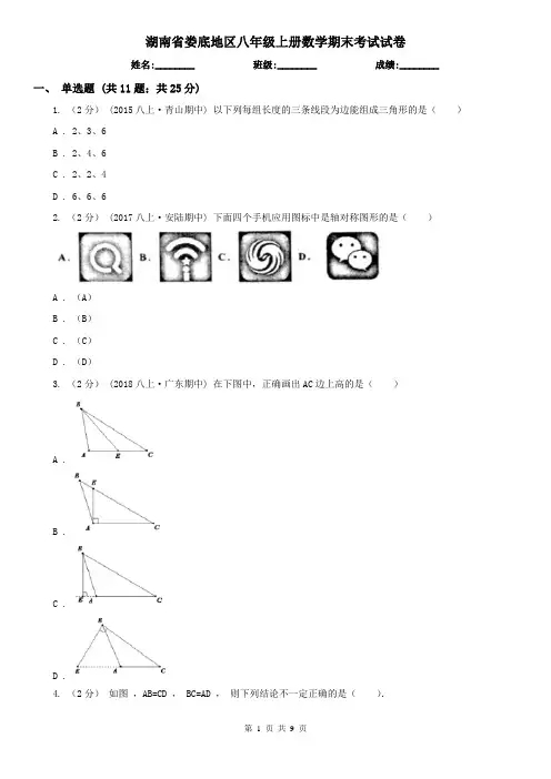 湖南省娄底地区八年级上册数学期末考试试卷