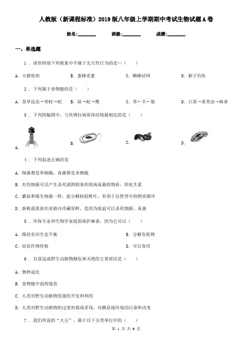 人教版(新课程标准)2019版八年级上学期期中考试生物试题A卷精编
