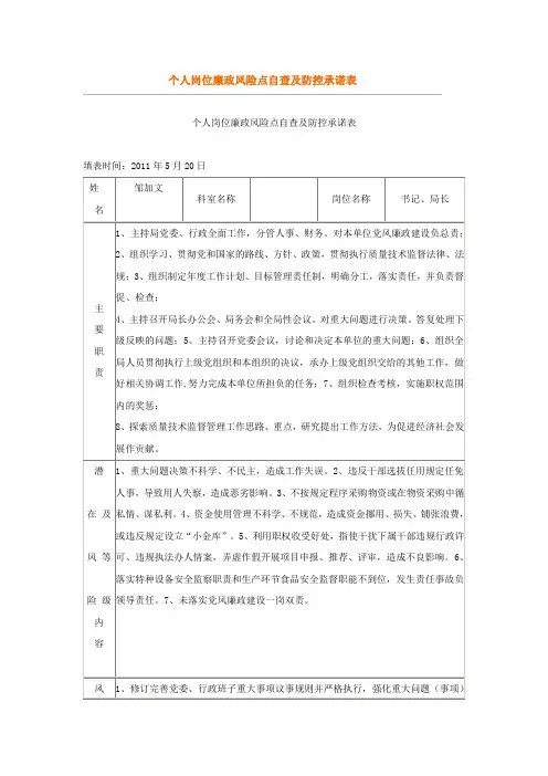 个人岗位廉政风险点自查及防控承诺表