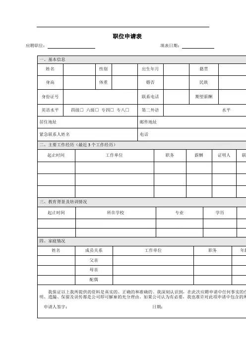 应聘职位申请表