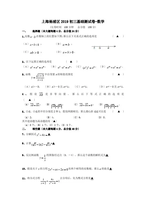 上海杨浦区2019初三基础测试卷-数学