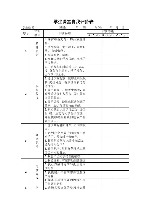 学生课堂自我评价表