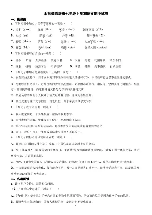 山东省临沂市七年级上学期语文期中试卷19(含答案)