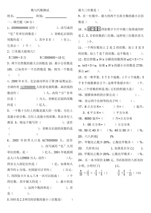 人教最新版六年级数学总复习——数与代数测试题