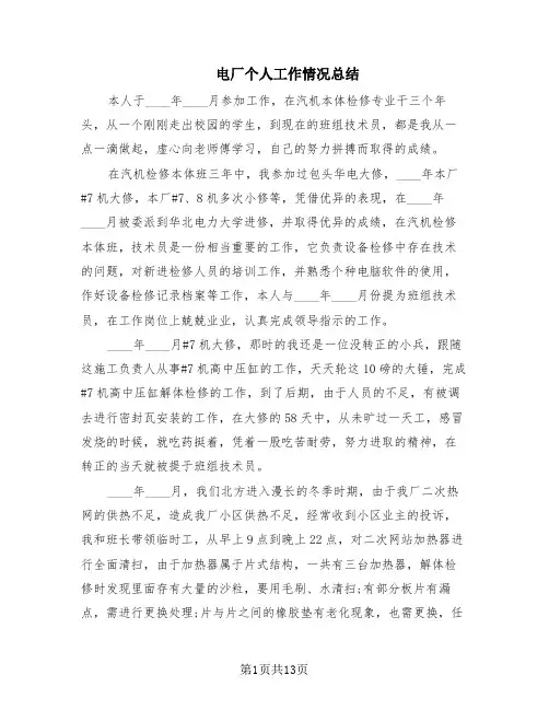 电厂个人工作情况总结(6篇)