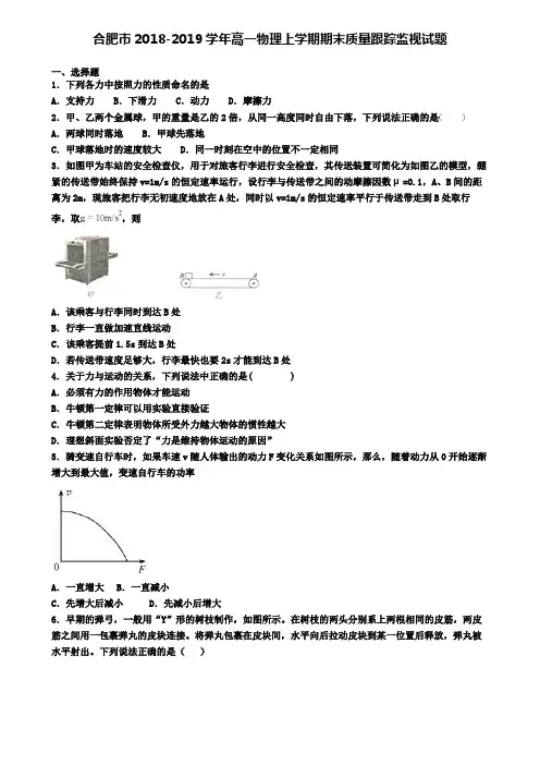 合肥市2018-2019学年高一物理上学期期末质量跟踪监视试题