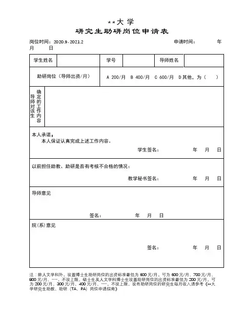 中国科学技术大学研究生助研岗位申请表【模板】