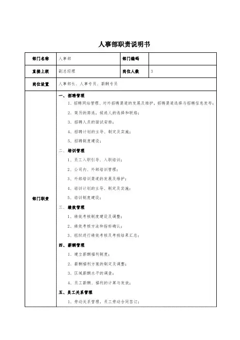 人事部部门职责说明书(范本)