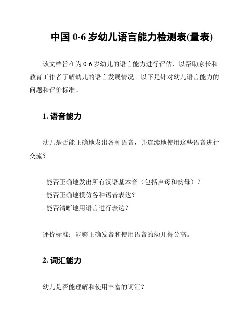 中国0-6岁幼儿语言能力检测表(量表)