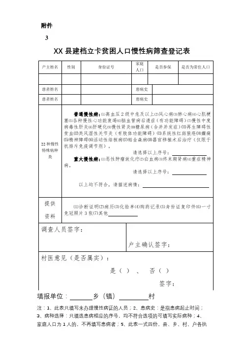 XX县建档立卡贫困人口慢性病筛查登记表【模板】