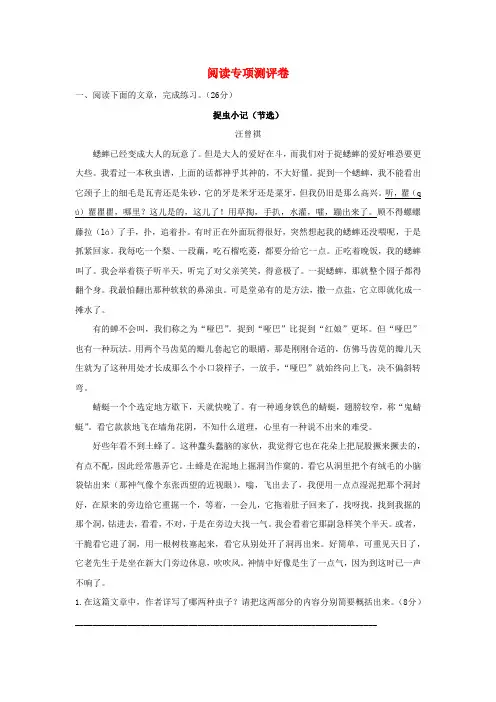 2024六年级语文下册阅读专项测评卷新人教版
