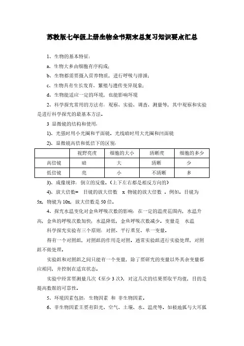苏教版七年级上册生物全书期末总复习知识要点汇总
