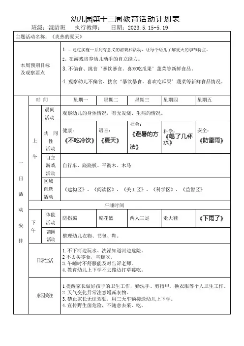 幼儿园第十三周教育活动计划表