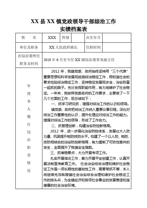 XX镇综治工作实绩档案