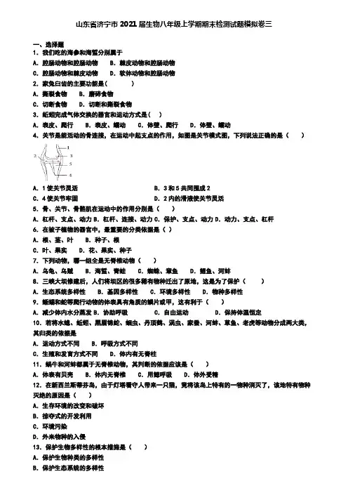 山东省济宁市2021届生物八年级上学期期末检测试题模拟卷三