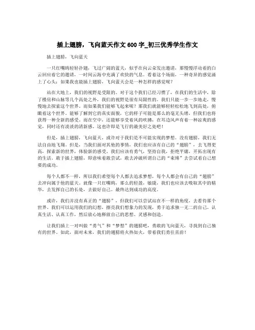 插上翅膀,飞向蓝天作文600字_初三优秀学生作文