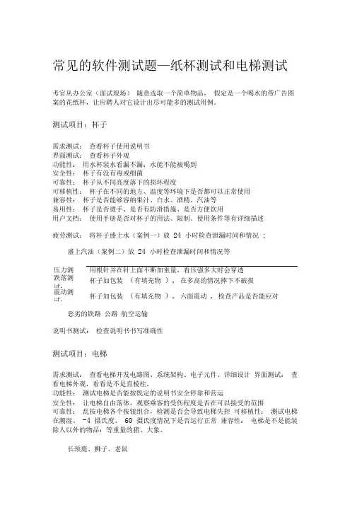 常见的软件测试题目--纸杯测试、电梯测试