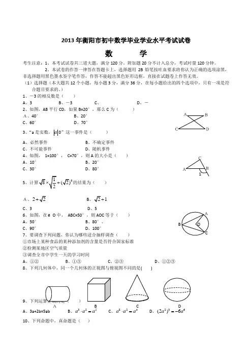 2013年历年湖南省衡阳市初中数学毕业学业水平考试
