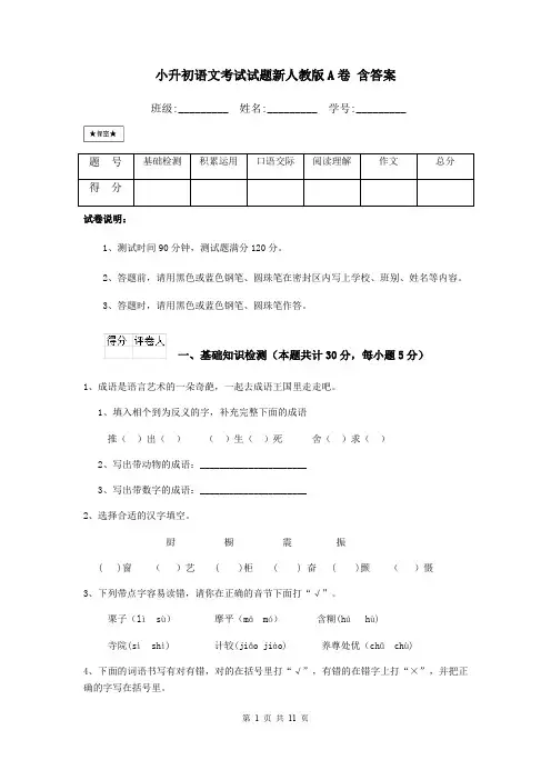 小升初语文考试试题新人教版A卷 含答案