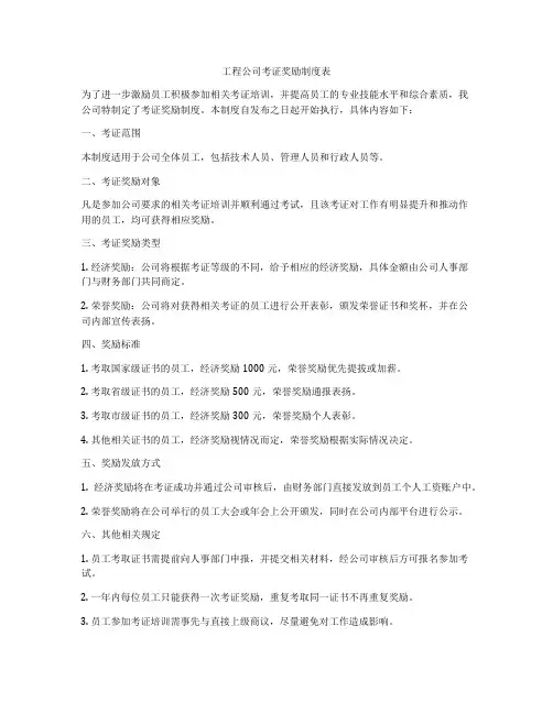 工程公司考证奖励制度表