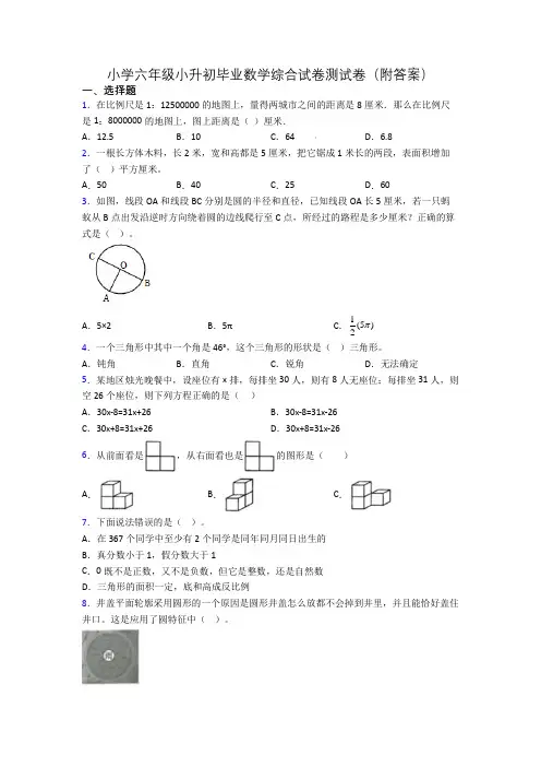 小学六年级小升初毕业数学综合试卷测试卷(附答案)