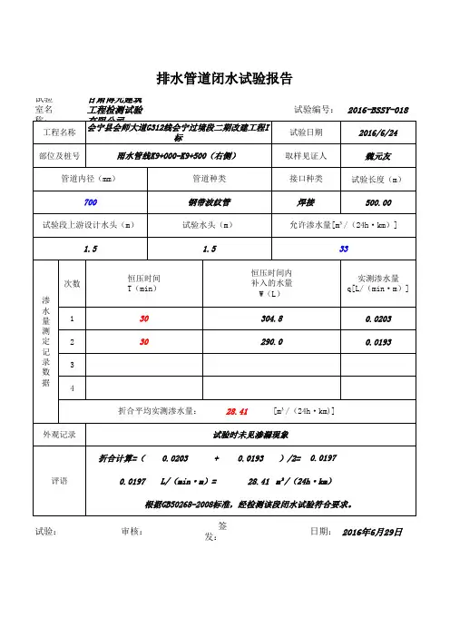 管道闭水试验记录表(自动计算)