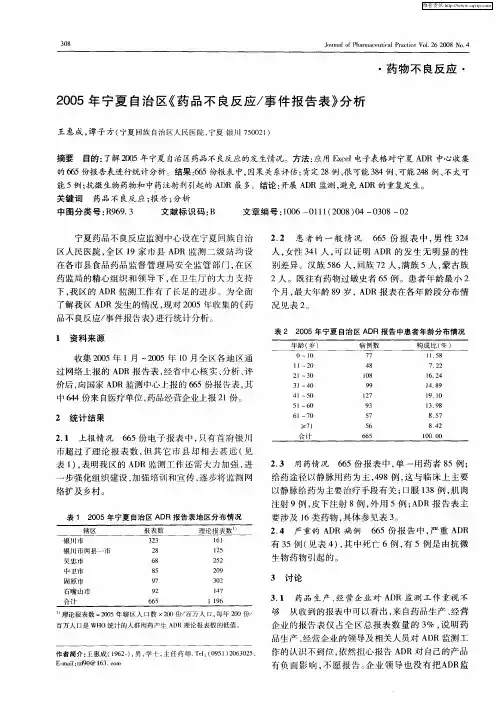 2005年宁夏自治区《药品不良反应／事件报告表》分析